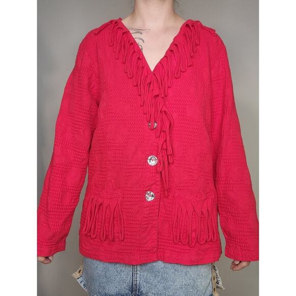 Vtg 80s 90s Nanette Keller Red Fringe Gem Button Up Funky Long Sleeve Top Sz Lg - Picture 2 of 9